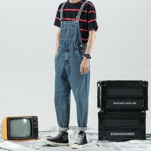 Men Denim Jumpsuit Slim Fit College Vintage Jean Overalls Cargo Pants Boyfriend Harajuku Style Zipper Harem Pants M-3XL Blue