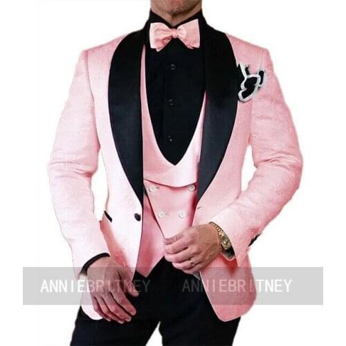 Newest Fashion Pink Jacquard Suits Men Slim Fit Groom Marriage Wedding Tuxedo Prom Party Male Dress Blazer Vest with Pants 3 Pcs