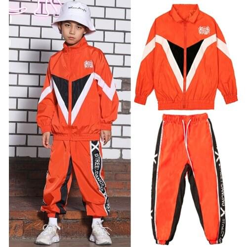 NEW Hip Hop Kids Jazz Dance Costume Orange Jacket Hip Hop Pant Sport Boy Girl Clothing Chidren Performance Hip Hop Clothes 3245