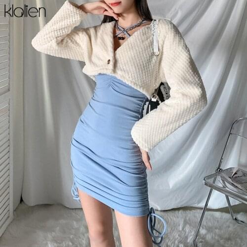 KLALIEN Autumn Fashion White Slim Women Short Coat Casual High Street V neck Single Button Plush Coat 2020 New Office Lady Top