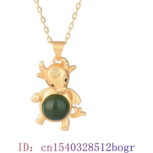 Green Jade Cattle Pendant Jewelry Gemstone Charm Women Chinese Chalcedony Fashion Natural 925 Silver Zircon Crystal Necklace
