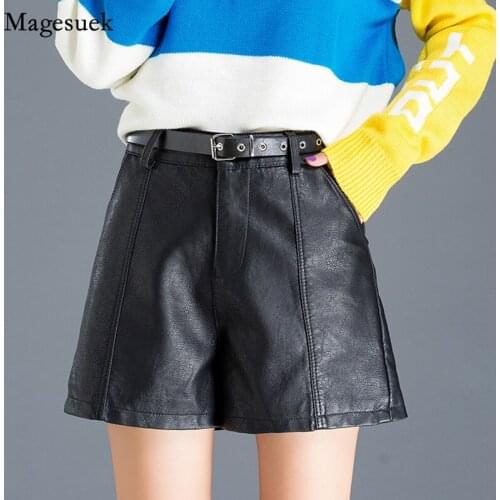 New Arrivals Autumn Winter High Waist Shorts Black PU Leather Shorts Women Belt Loose Wide Leg Causal Women Short Mujer 11535