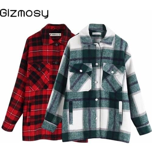 Gizmosy Vintage Women plaid Long Coat Jacket 2020 Winter Casual Oversized High Quality Warm Overcoat Fashion Outerwear Chic Tops
