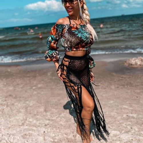 Crochet Knit Two Piece Set Women Summer Beach 2Piece Suits Sexy Hollow Out Tassel Perspective Tops & Skirts Bikini Cover Up Set