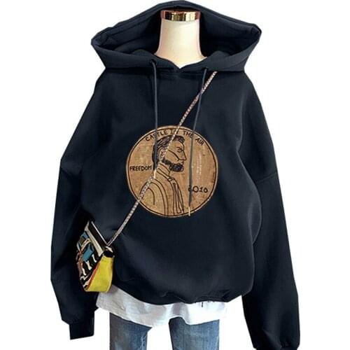 New Korean Winter Plus Cashmere Women Hoodie Sweatshirt Print Harajuku Indians Character Image Vintage Black Female Pullover