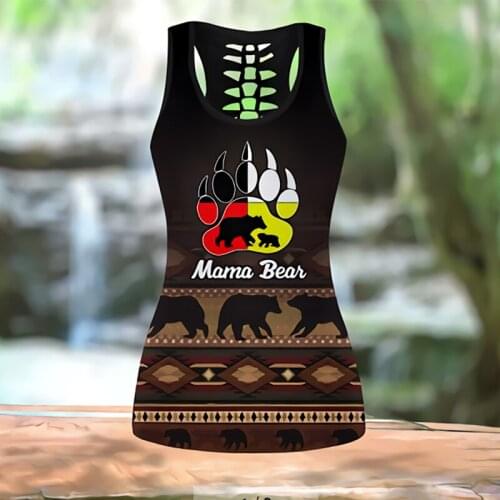 Womens Over Printed Yoga Suit Mama Bear Hollow Vest Tank Top High Waist Leggings Sports Ladies Suit