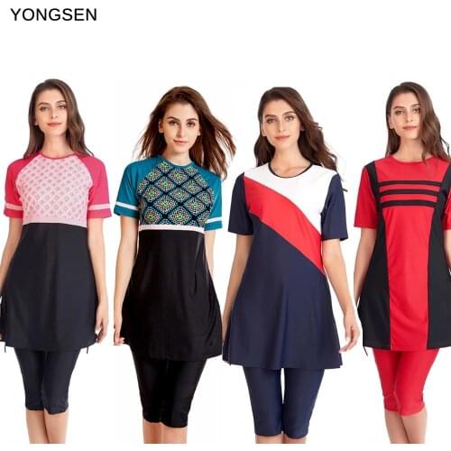 YONGSEN 2021Women Muslim Swimsuit Plus Size Islamic Burkinis With Swim Hat Sport Swimwear Ladies Short Sleeve Print Modest Hijab
