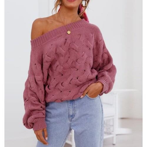 2021 winter new sexy off shoulder sweaters jumper Womens lantern sleeve hollow out cable knitted chic design casual pullovers