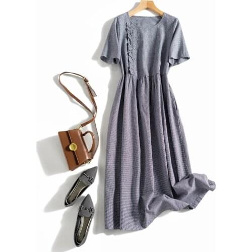 Loose casual round neck high waist cotton hemp breathable short sleeve A-line dress large size long dress summer210578