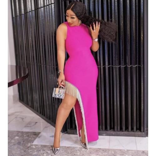 Women Luxury Sexy Sleeveless Tassel Diamonds Hot Pink Bodycon Bandage Long Dress 2021 Elegant Evening Party Dress Vestidos