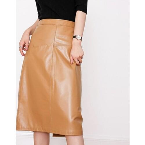 Black/Ginger Sheepskin Skirts Womens 2021 True Leather Dress Falda Midi Hip Wrap Back Split Korean Fashion Harajuku Jupe femme