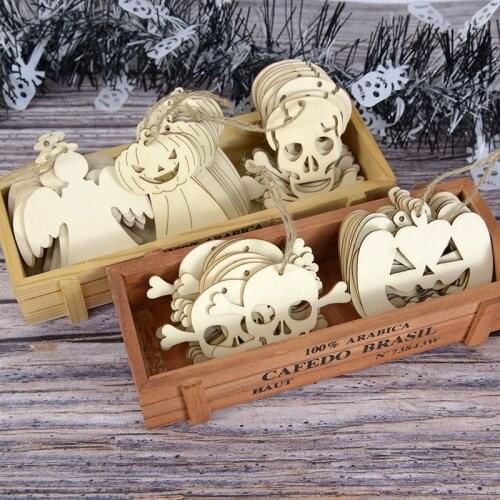 10Pcs DIY Natural Wooden Chip Pumpkin Ghost Angel Christmas Hanging Ornaments Tree Trick Or Treat Halloween DIY Craft Pendant