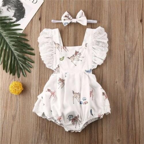 2020 Fashion Cute Deer Printed Newborn Baby Romper Infant Cotton Ruffle Lace Sleeve Baby Girl Boy Newborn Clothes 0-24M