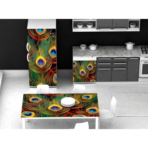 3D Self Adhesive Table Refrigerator Wrap Peacock Feather Freezer Sticker Kids Art Fridge Door Cover Wallpaper Kitchen Accessory