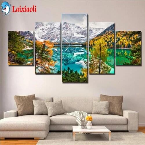 5 Panels DIY 5D Diamond Painting Full Round Resin Mosaic Landscape Snow Sea Diamond Embroidery lake tree Picture Home Decor art