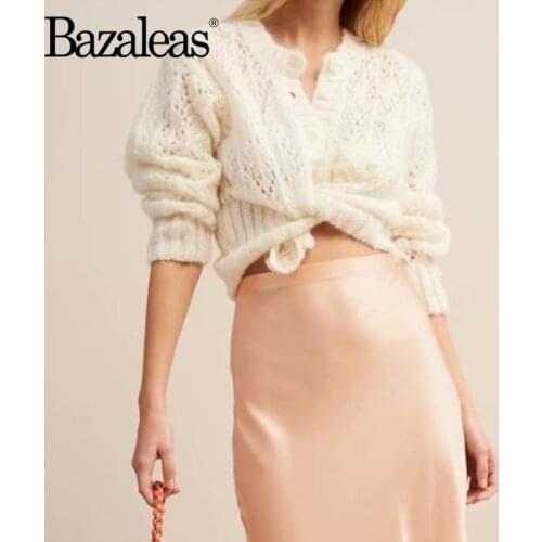 Bazaleas France Center Buttons Kintted Carfigans White Hollow Out women Sweater harajuku Vintage women coat Casual Drop shipping