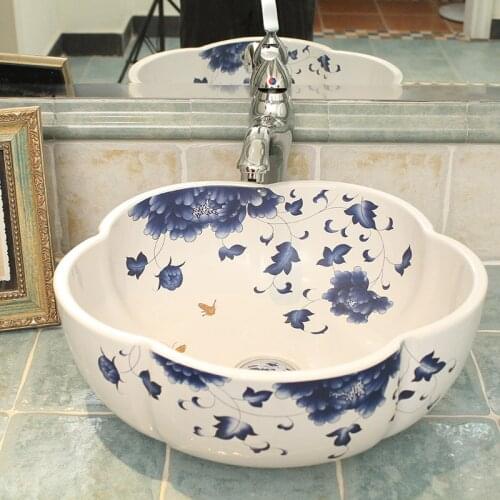 Blue and white flower shape jingdezhen Bathroom ceramic sink wash basin Counter Top Wash Basin sporcelain vessel sink