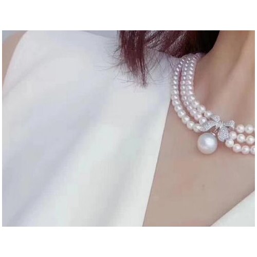 Free shipping jewelry 3Strands 6-7mm White Pearl CZ Necklace shell Pendant 925 silver micro inlay zircon clasp accessory