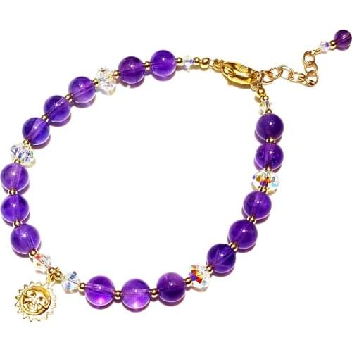 Lii Ji Amethyst Austrian Crystal 14K Gold Filled Charm Bracelet 18+3cm Natural Purple 6mm Stone Handmade Jewelry For Women Gift