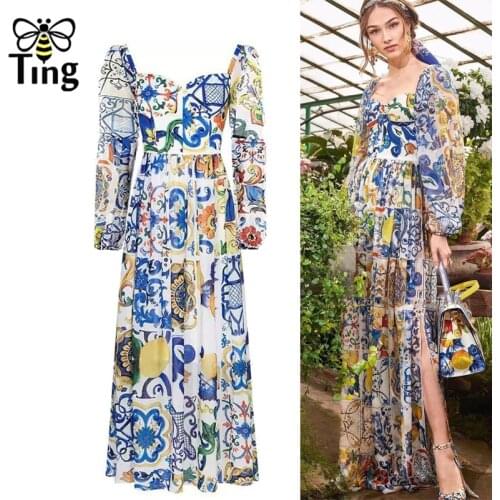 Tingfly Vintage Designer Runway Floral Print Maxi Long Dress Party Night Dresses Retro Side Split Long Dress Vestidos Frocks D