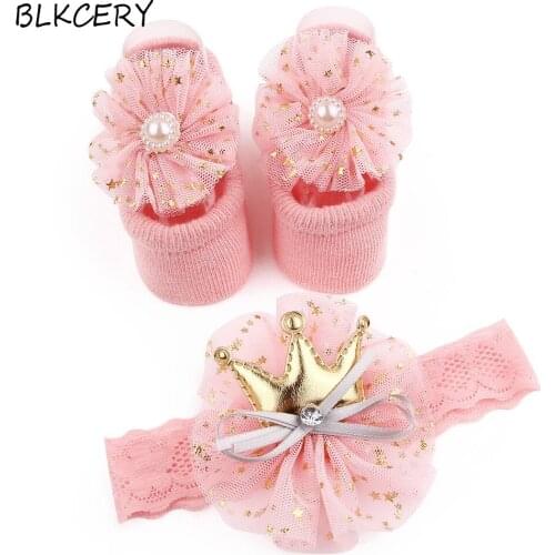 Newborn Baby Girls Socks and Headband a Sets Infant Footwear Elastic Flower Bows Hair Accessories Head Wrap for 0-1 Year