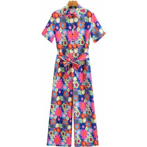 Aonibeier Summer Colorful Printed Women Rompers Short Sleeve Wide Leg Jumpsuits Button-Up Turn Down Collar High Waist Jumpsuit