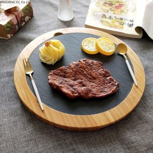 Round Bamboo and Wood Slate Sirloin Steak Western Plate Slate Stone Plate Round Home Dining Plate Natural Mine Stone Tableware
