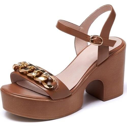 Fashion Chain Genuine Leather High Heels Platform Sandals Women Summer Casual Shoes Sandales Femmes 2021 Sandalias Mujer