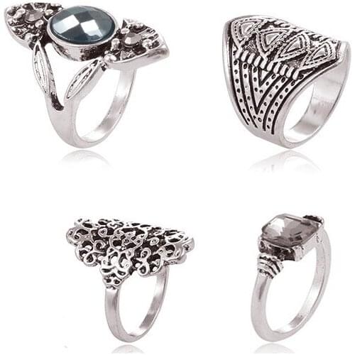 4PCS Bohemian Vintage Flower Rings Set Women Ethnic Antique Silver Plated Hollow Out Rings Carved Stone Women Fashion Jewelry