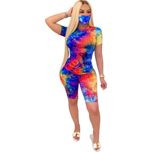XM6088 European and American sexy womens tie-dye round neck casual fashion home sports suit two-piece suit (including mask)