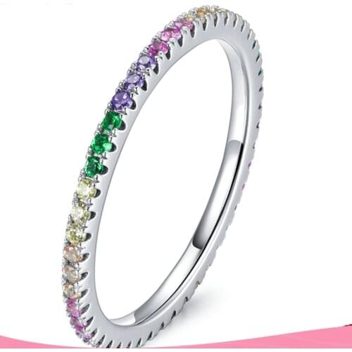 Rainbow Color Silver Ring 925 Sterling Silver Colorful CZ Stackbale Finger Rings for Women Statement Jewelry BSR168