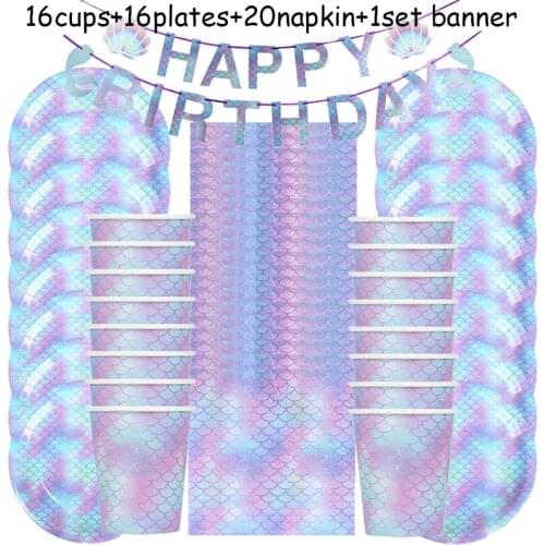 Mermaid Party Disposable Tableware Set Paper Cups Plate Banner Napkins 1st Birthday Party Decorations Mermaid Baby Shower Favors