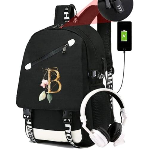 26 English Letters High Quality School Bags For Teenage Girls Usb Charging Backpacks Women Bookbag Men Travel Laptop Bag