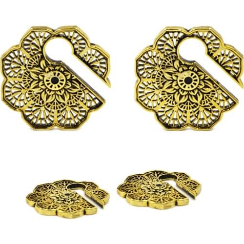 Showlove-1Pair Brass Tribal Antique Gold Vintage Mandala Flower Ear Weight Ear Stretcher Expander Ear Plug Piercing Jewelry