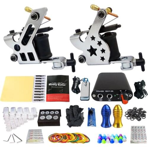Beginner Tattoo Starter Kits 2 Pro Machine Guns Power Supply Needle Grips Tips permanent makeup device