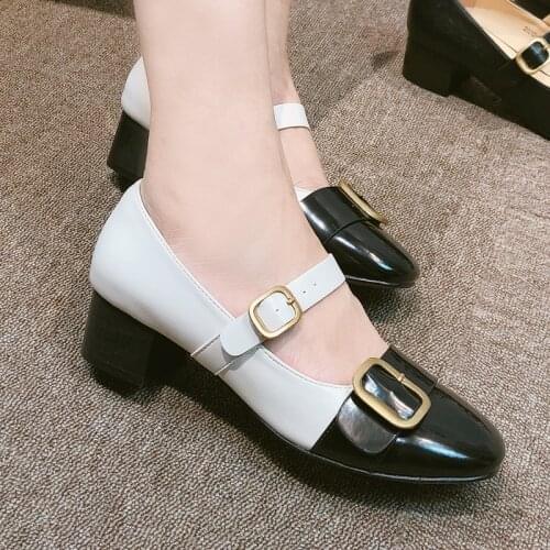 Thick heel shoes fashion womens shoes rund toe shoes spring and autumn 2021 Mary Janes mixed color metal buckles casual shoes