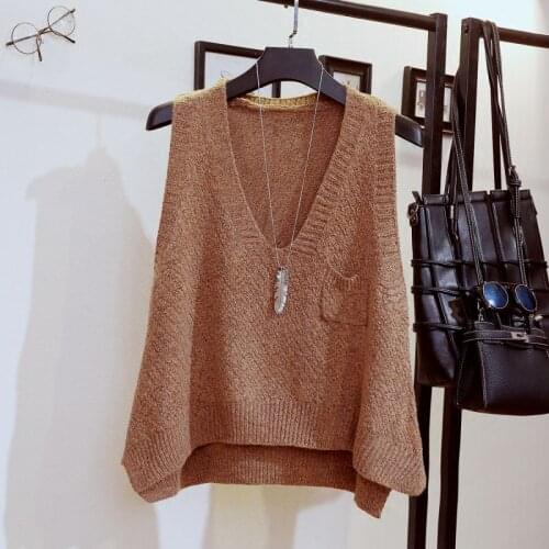 Urifens V-neck Sleeveless Sweater Vest Women Loose Pocket Decoration Frill Knitted Bottoming Sweater Vest Pullover Female P27