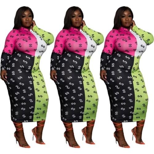XL-5XL Womens Contrasting Digital Printing Symbol Fashion Large-size Dress Mixed 4 Color with Money Symbol Long Summer Dress