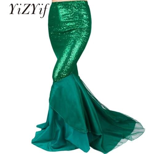 YiZYiF Sequined Mermaid Skirt Halloween Cosplay Mermaid Costume Maxi Skirt Anime Little Mermaid long green Skirt Women
