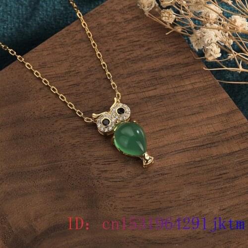 Green Jade Owl Pendant Charm Amulet Chalcedony 925 Silver Chinese Crystal Necklace Jewelry Fashion Natural Women Zircon