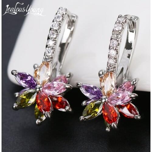 Fashion Silver Color Hoop Earrings Flower Cluster Clear Crystal Zirconia Earring for Women Jewelry Brincos
