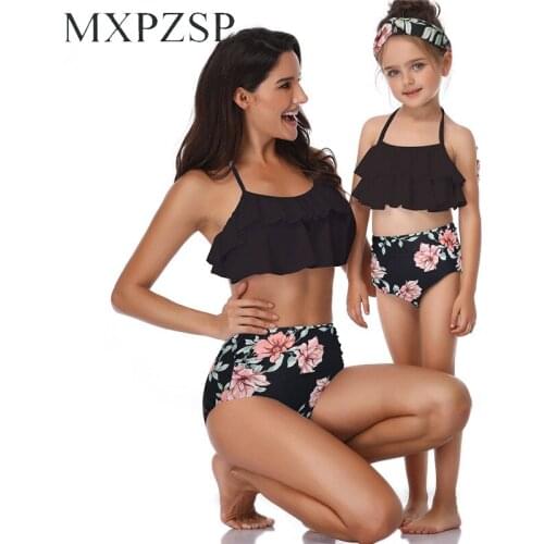 Mother And Daughter Family Matching Swimsuit Retro Black Floral Halter High Waist Women Bikini Set Halter Carnival Swimsuit XL