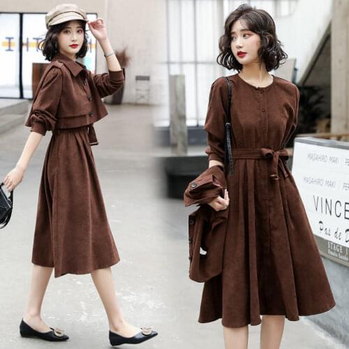 Fall 2021 New French Elegant Pure Color Long Sleeve Dress+Sleeveless Short Jacket Womens Two Piece Windbreaker Dress Suit e153