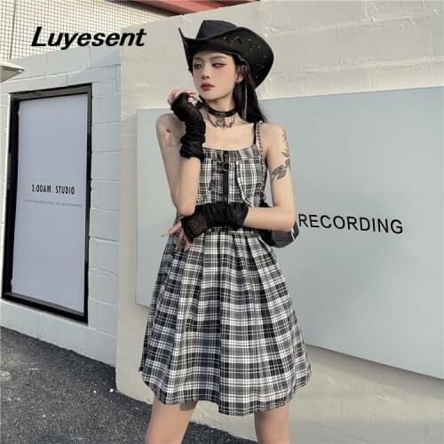 Gothic Lady Black White Plaid Mini Dress Summer Women Backless Sleeveless High Waist Pleated Dresses Korean Fashion Clothes
