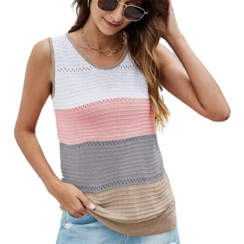 Womens Summer Sleeveless Tops Casual V-Neck Stripes Color Block Knit Shirts Loose Pullover Tshirts Lady Tank Tops