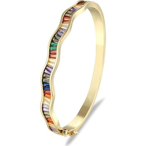 Gold Color Clip-on Buckle Bangles Copper AAA CZ Stone Rainbow Crystal Bracelet For Women Cuff Simple Trendy Charm Female Jewelry