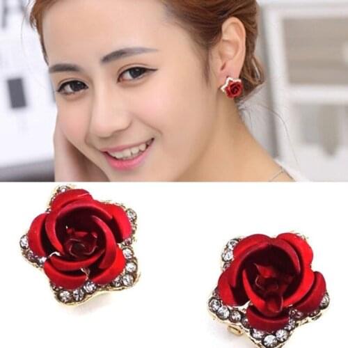 1Pairs Flower Crystal Studs Earrings Women' Girls Elegant Rose Flower Heart Ear Studs Earring Jewelry Gift