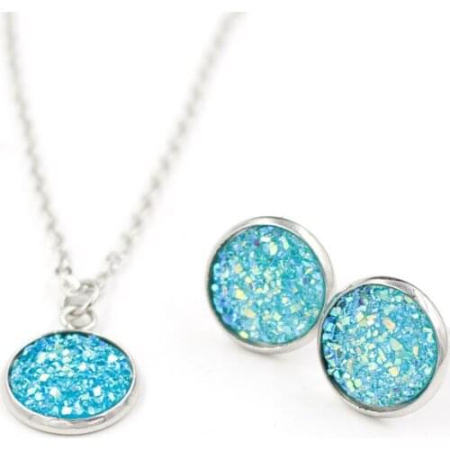 12mm Druzy Drusy Stud Earrings Necklace Jewelry Set Resin Collar Necklace for Women Girl Jewelry Gift