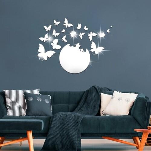 18pcs Butterfly With Round Acrylic Mirror Punch-free Double Sided Adhesive Mirror Wall Sticker Removable Mirror Wall Decor