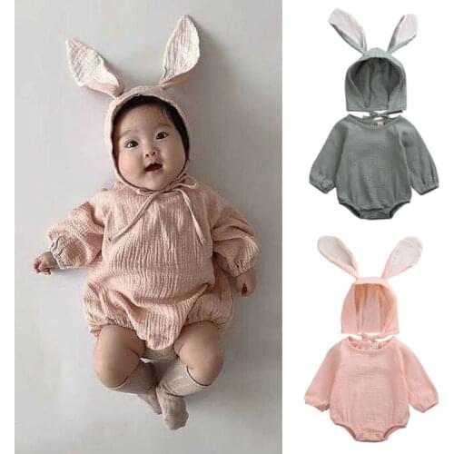 2Pcs Lovely Baby Spring Autumn Rompers Clothing Newborn Infant Solid Long Sleeve Jumpsuit Bodysuit+Cute Rabbit Ear Hat Outfits